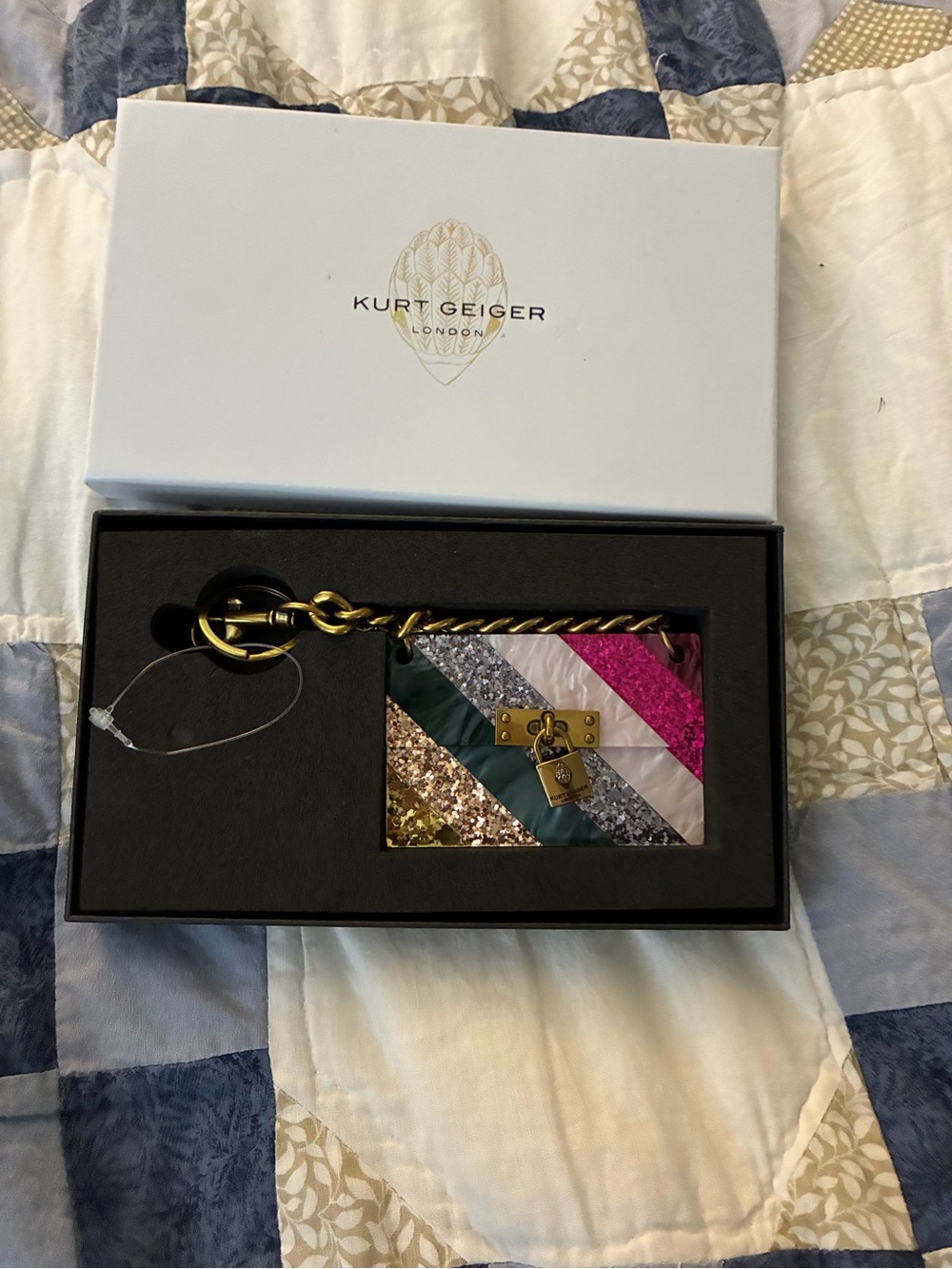 Kurt Geiger Pink Gold Silver Green Cream Glitter Stripe Key & Card Holder